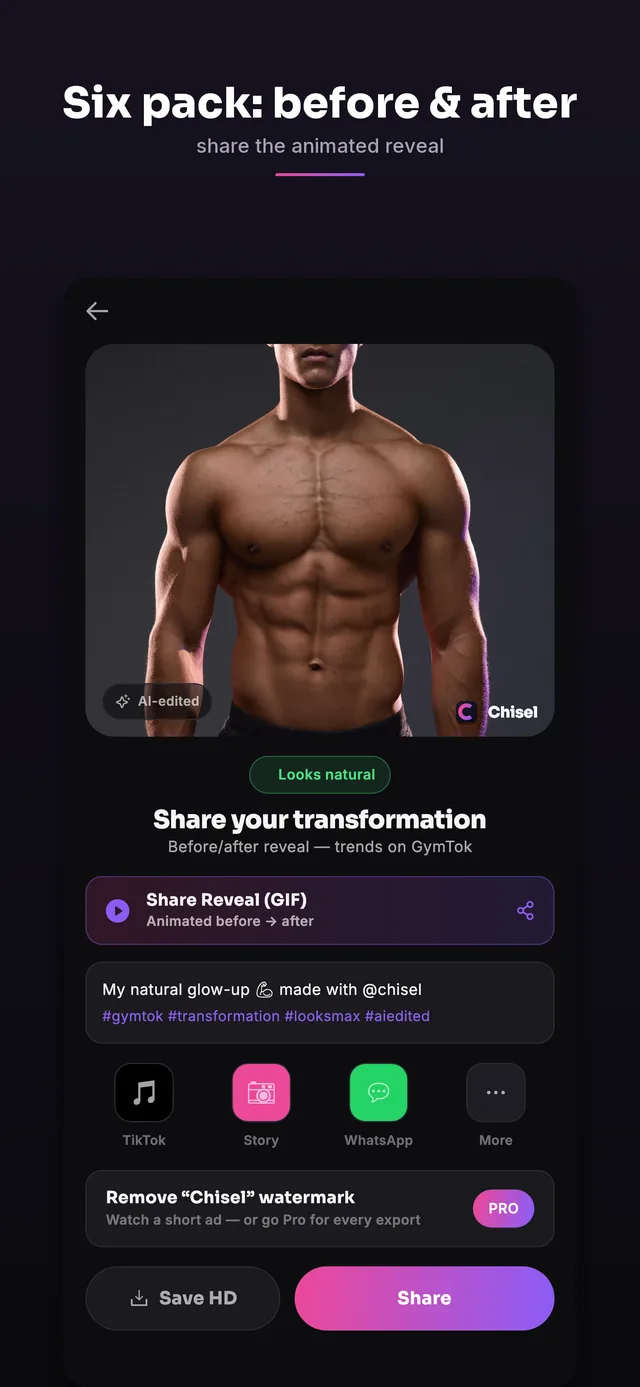Before/after reveal of a physique edit in Chisel