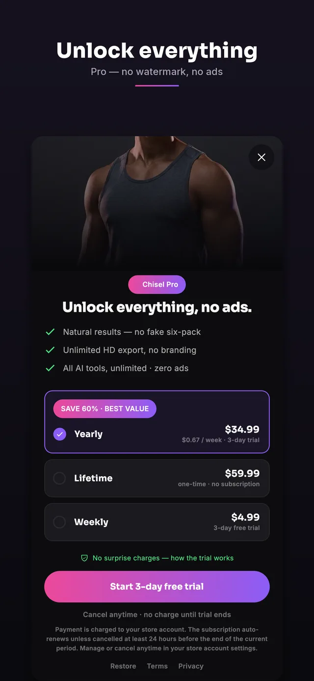Chisel Pro unlock screen with pricing